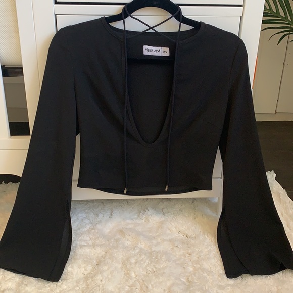 Tiger Mist | Black Long Sleeve Crop Top with Neck Ties - Picture 1 of 6